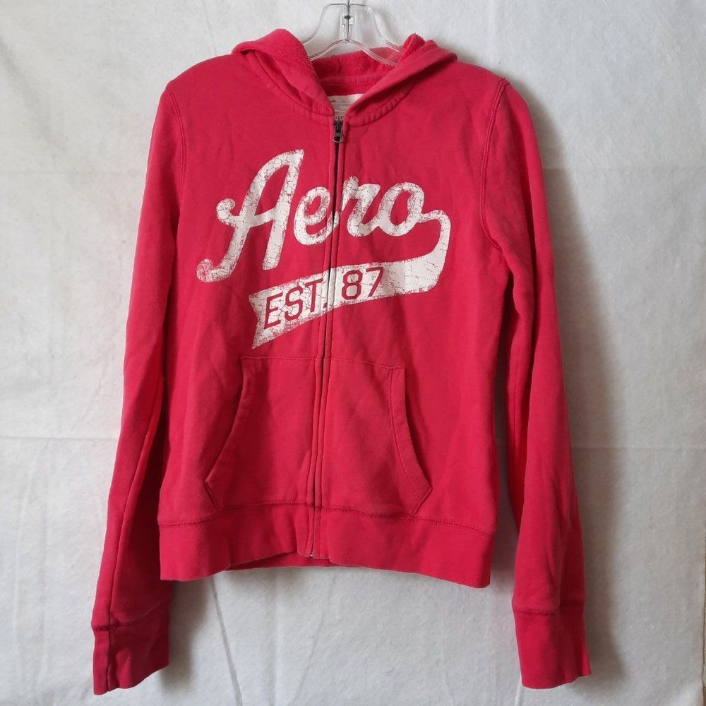 Aeropostale Vintage Hot Pink and White Full Zip Hoodie Ladies Size Large